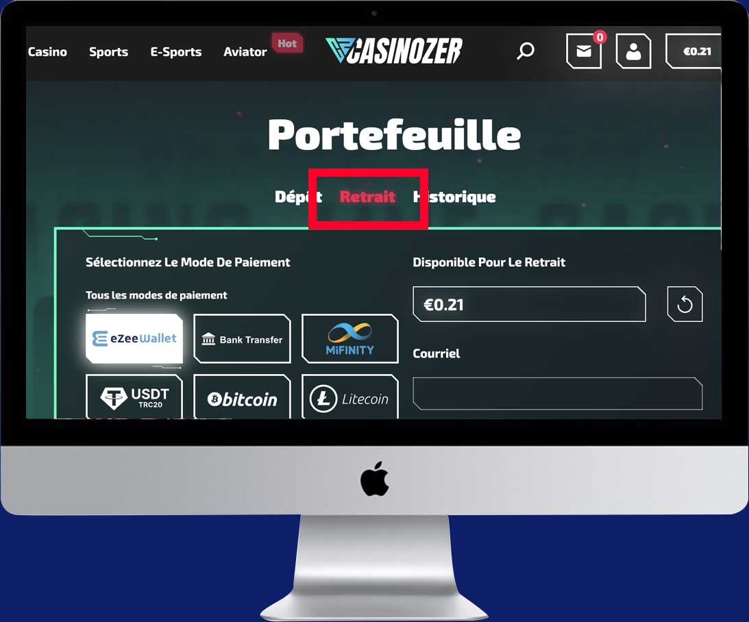 Cliquez sur retrait sur Casinozer