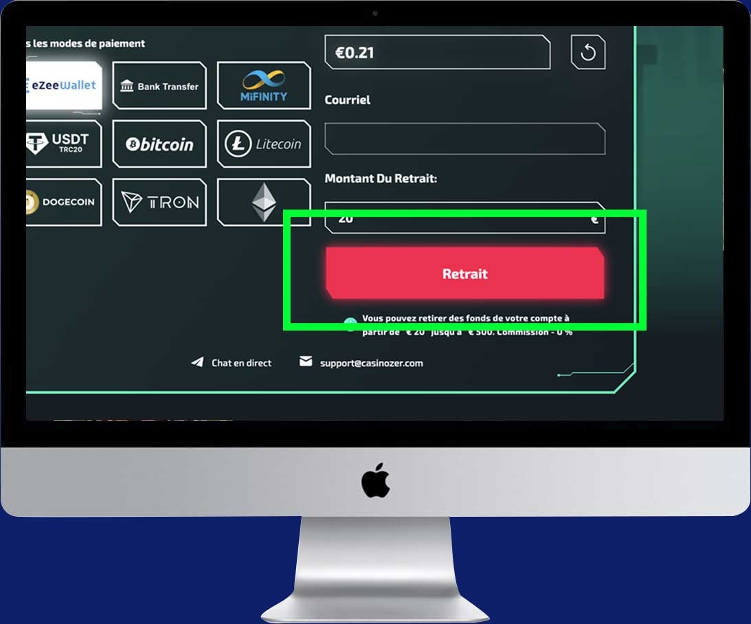 Cliquez sur retrait sur Casinozer pour recevoir l'argent sur votre compte