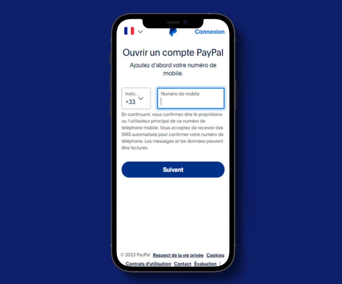 Renseigner le numéro de téléphone pour créer un compte Paypal