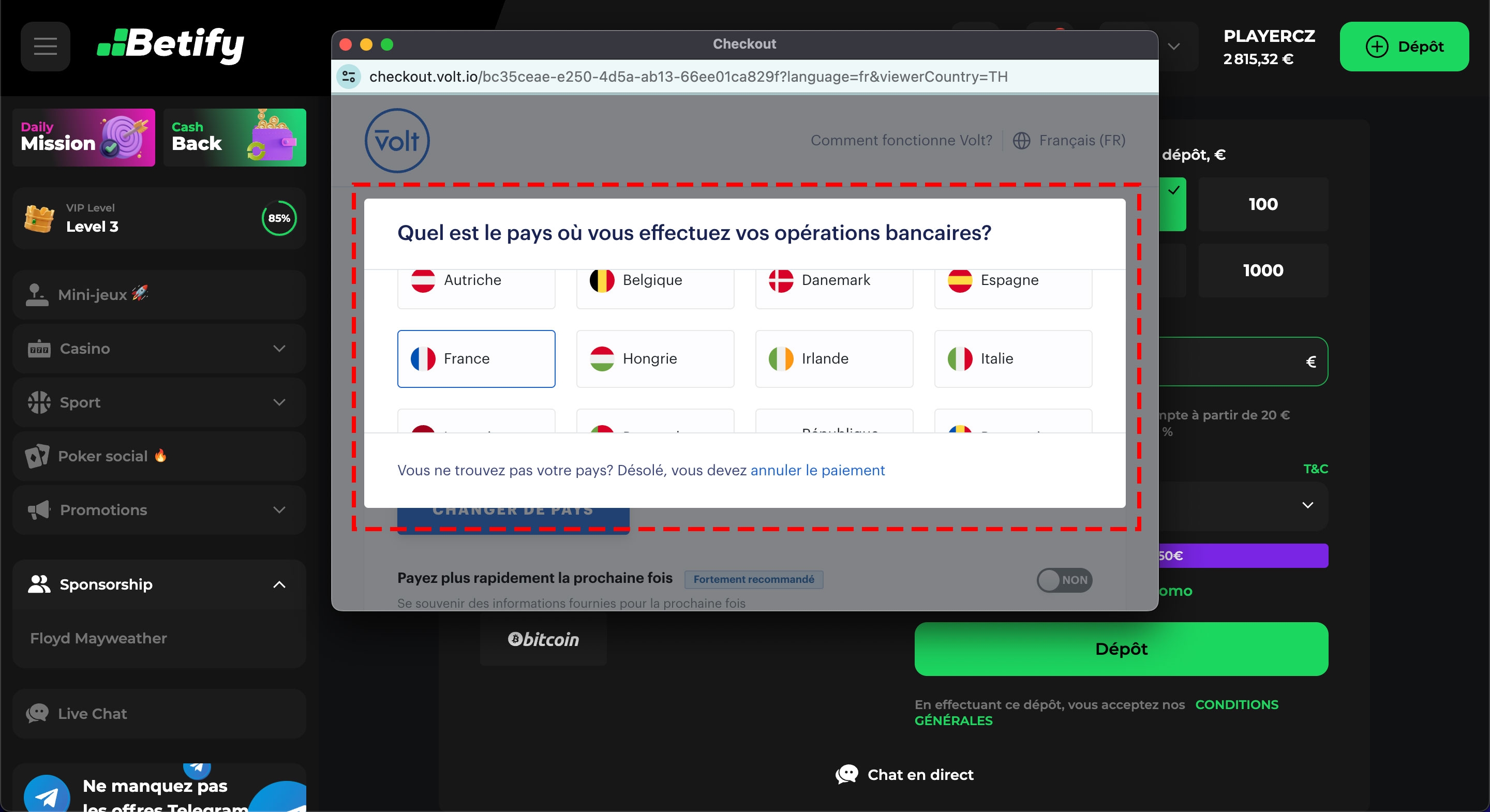 Choisir le pays pour faire son virement instantané