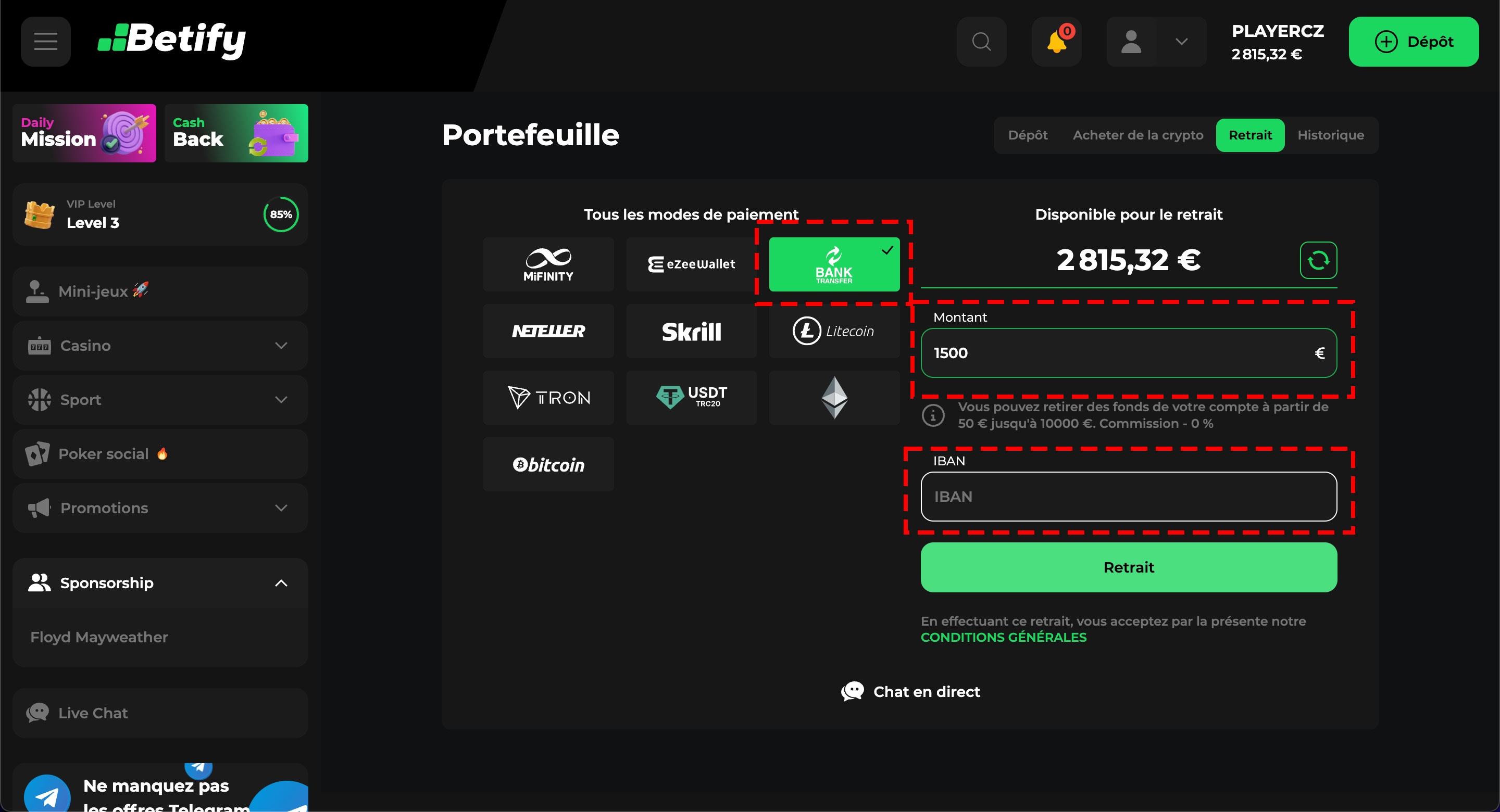 Faire un retrait instantané vers son compte bancaire