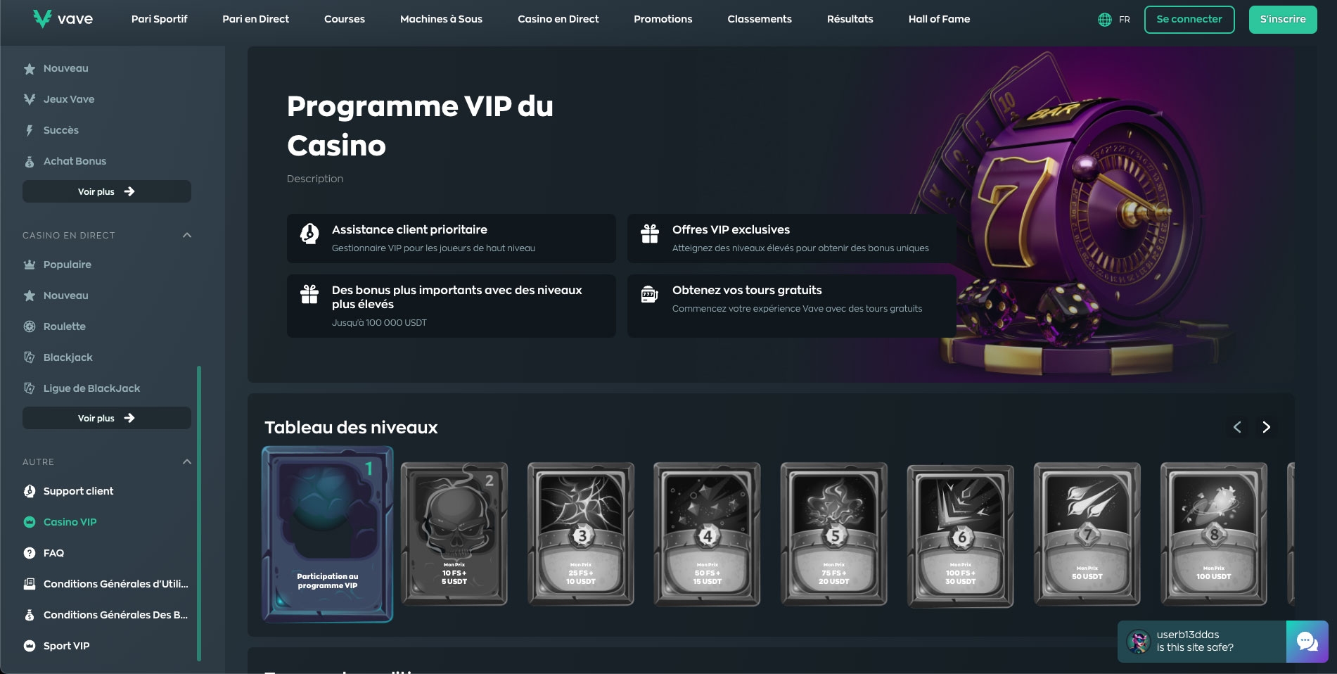 Programme VIP sur le casino en ligne Vave