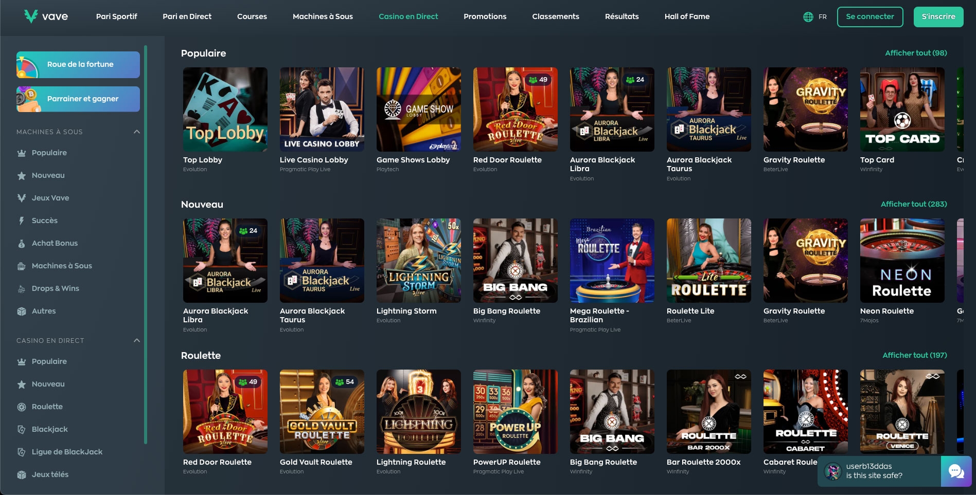les jeux lives le casino en ligne Vave