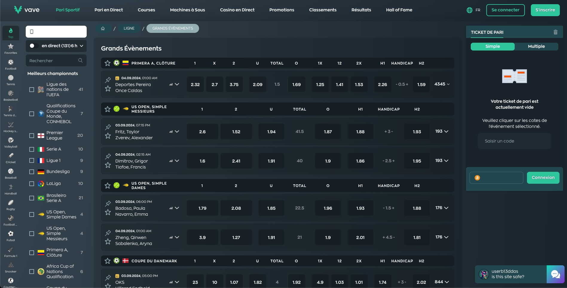 Section des paris sportifs sur le casino en ligne Vave
