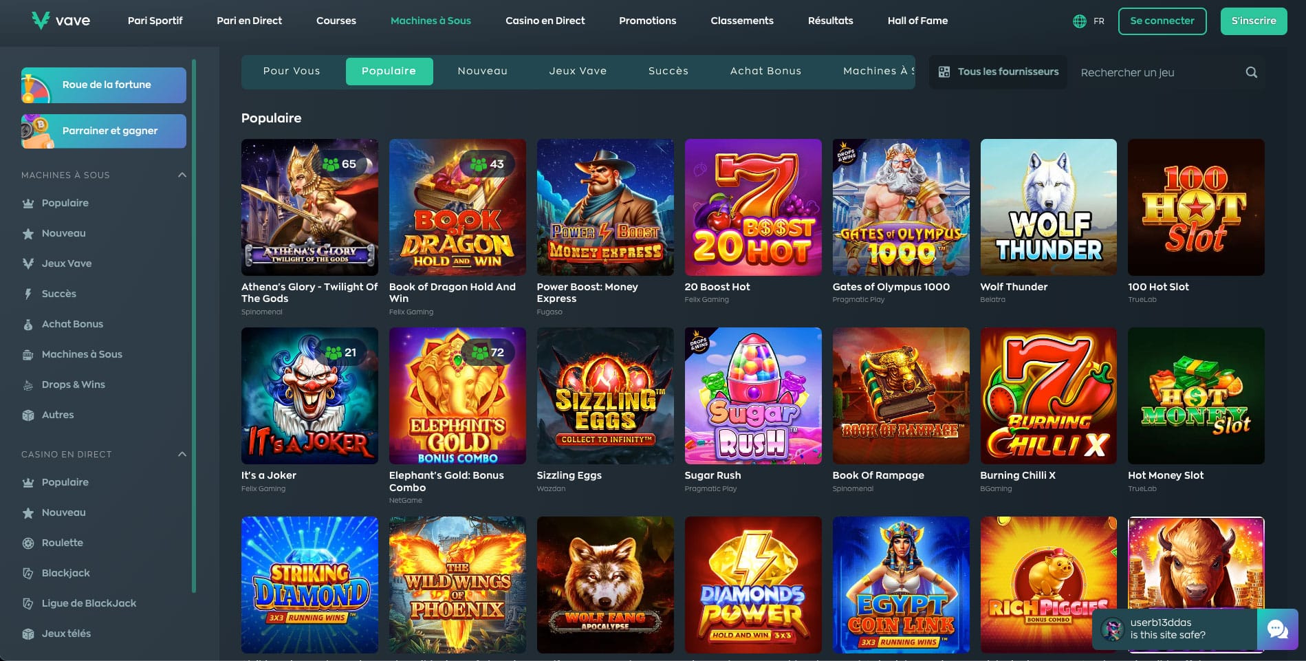 Presentaion des jeux casinos sur le casino en ligne Vave