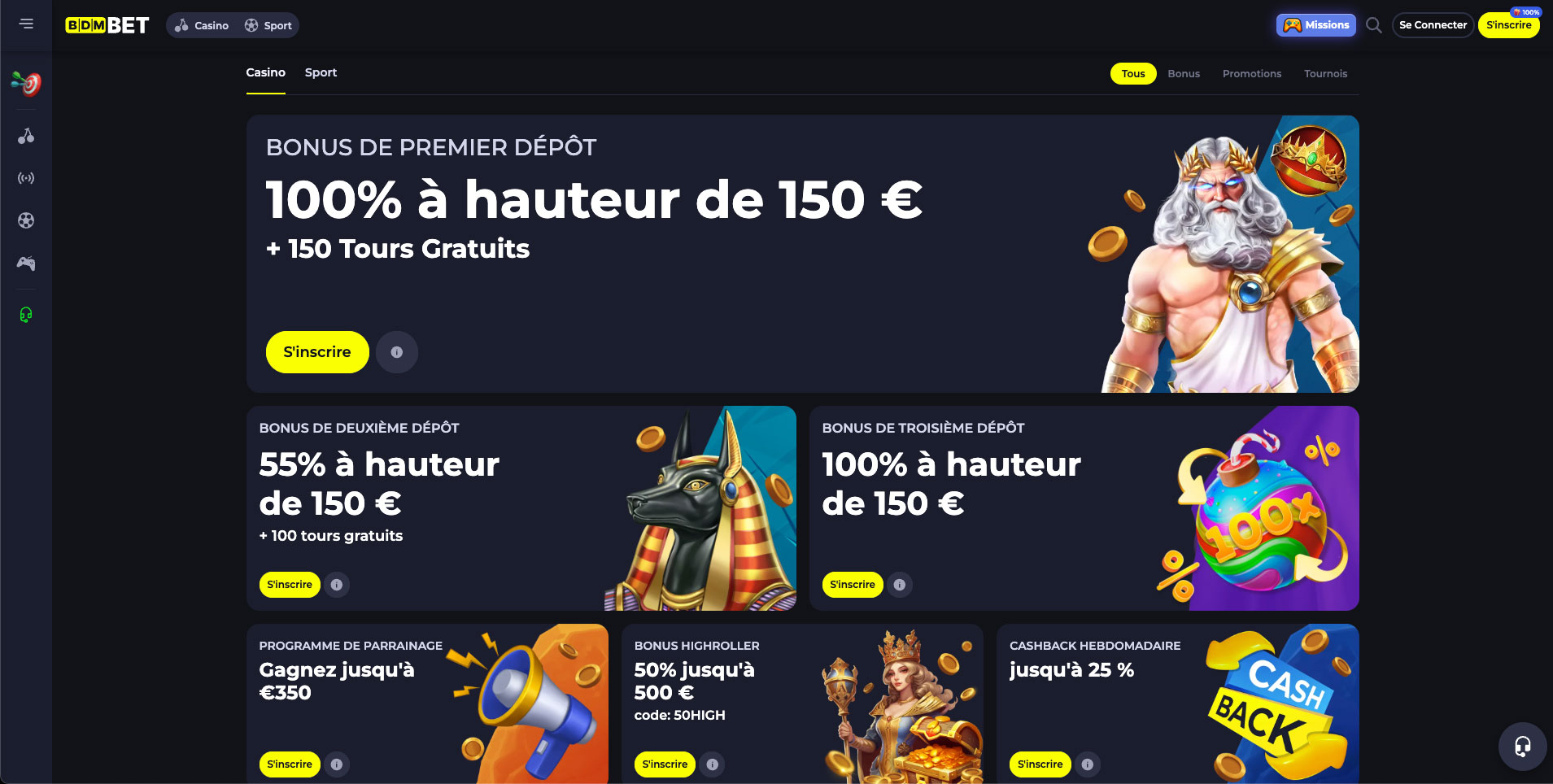 la page des bonus sur le casino en ligne Bdmbet