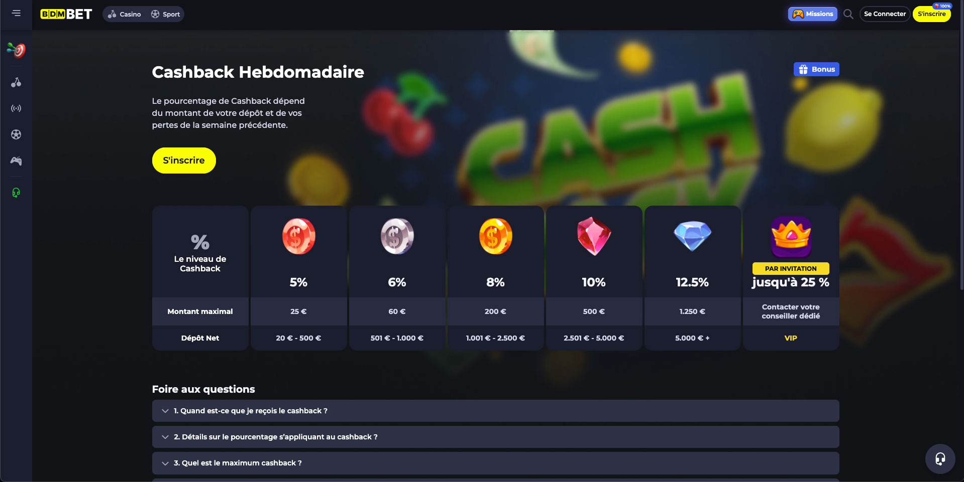 Cashback sur le casino en ligne Bdmbet