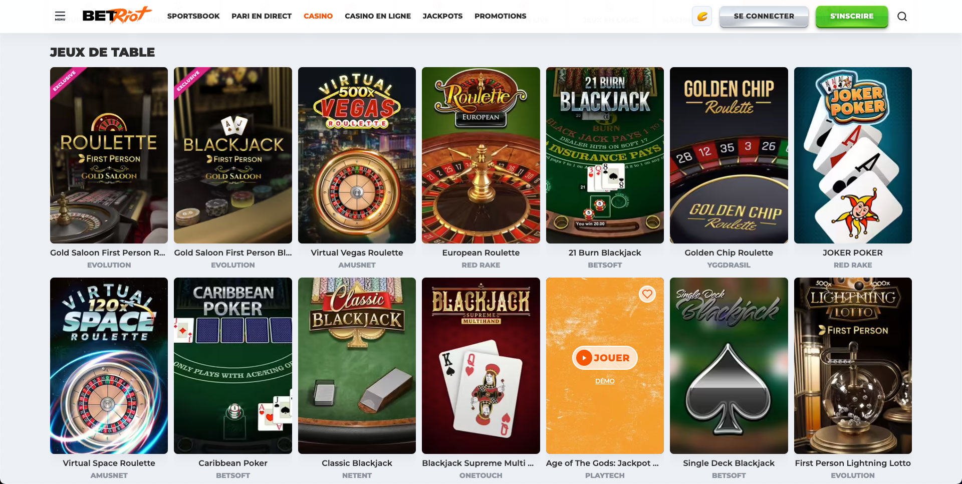 Jeux de table sur le casino en ligne BetRiot
