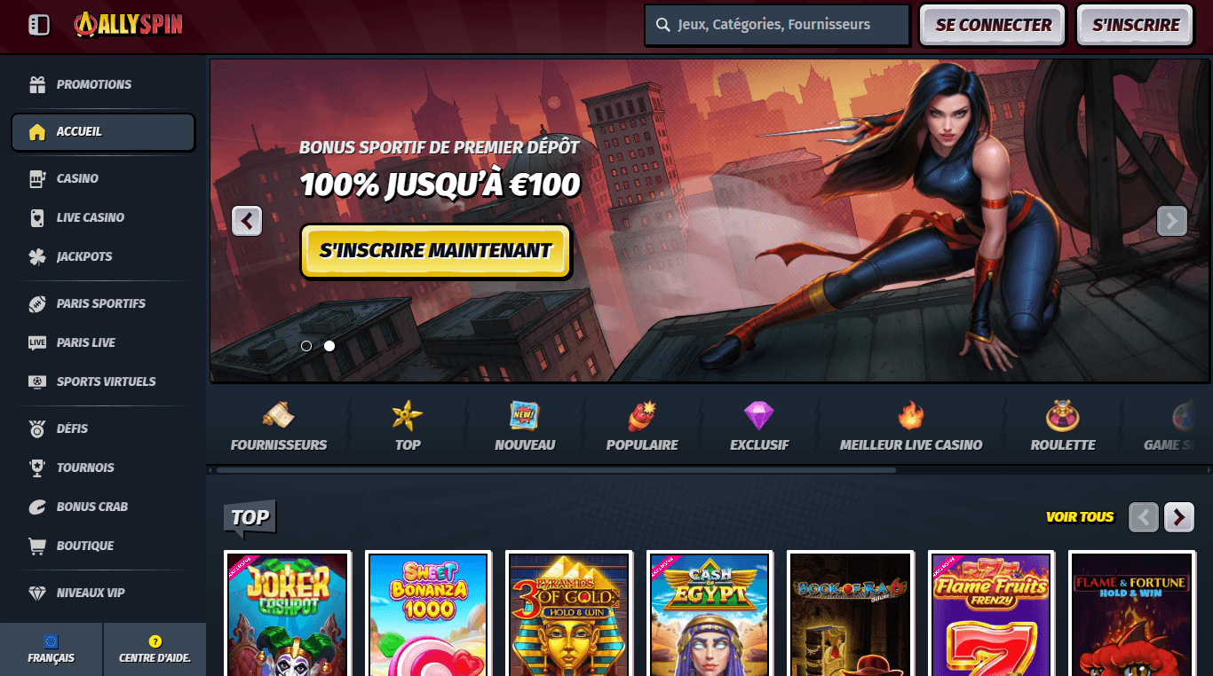 Homepage sur le casino en ligne AllySpin